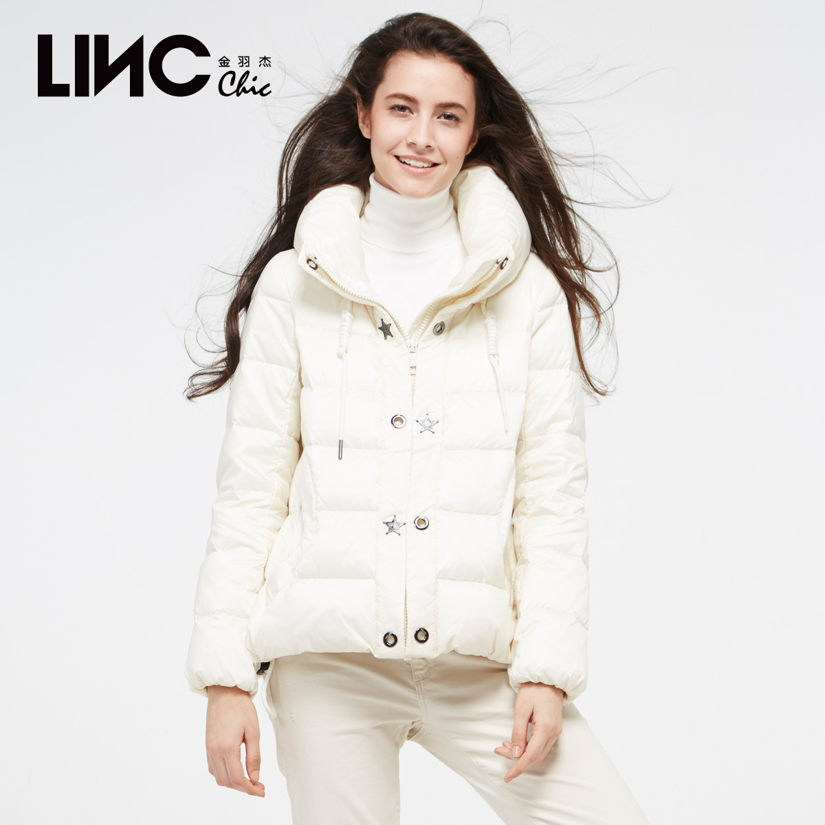LINC金羽杰冬装新款五角星装饰高领羽绒服女短款加厚A版韩版外套