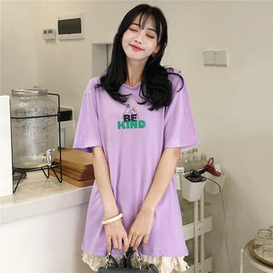 纯棉女装t恤个性条纹拼接露肩非主流宽松大码