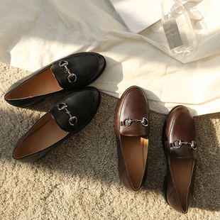 【现货】纯色金属扣装饰 圆头低跟休闲乐福单鞋 英伦小皮鞋女
