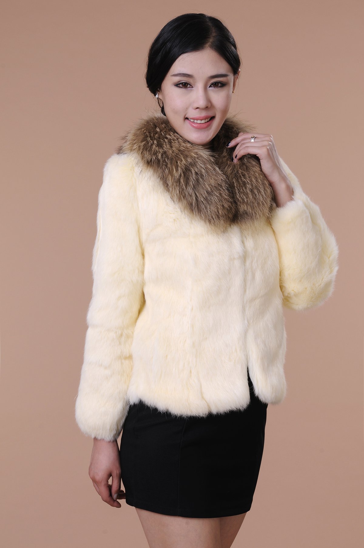 整皮兔毛貉子狐狸毛领短款修身显瘦皮草外套女七分袖包邮