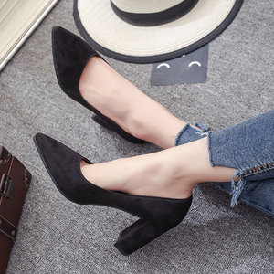 8厘米高跟鞋女粗跟尖头绒面 span class=h>浅口 /span>单鞋公主职业