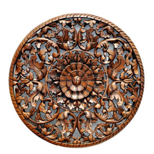 20  特惠东南亚风情镂空壁挂画玄关客厅装饰实木雕刻圆形花板挂屏