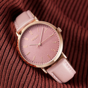 聚利时粉色手表女大气韩版简约时尚潮流真皮带石英大表盘 span class=