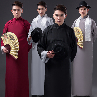 麻丁长衫民国教书先生演出服复古装长袍男伴郎中式唐装相声服大褂