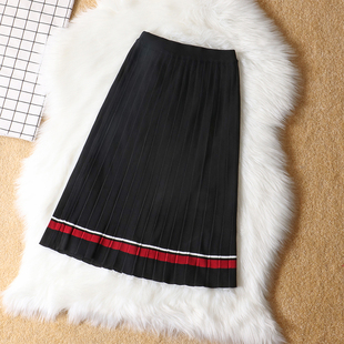 2018秋冬装新款间色小清新百褶中长款毛线针织裙学院风百搭裙子女