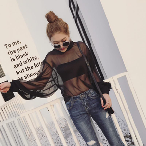 性感透视雪纺衫女2019春夏蝙蝠喇叭 span class=h>罩衫 /span>宽松