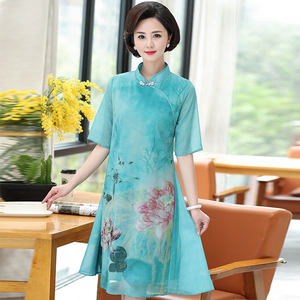妈妈装夏装真丝连衣裙中长款中老年女装桑蚕丝