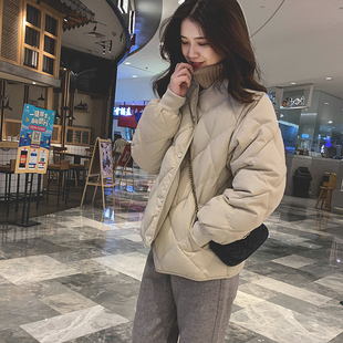 小个子羽绒服女2018新款韩版白鸭绒时尚网红杏色菱形格短款外套冬