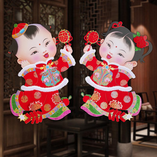 新款2019猪年新年装饰年画门幅贴纸春节过年福娃门贴金童玉女年贴