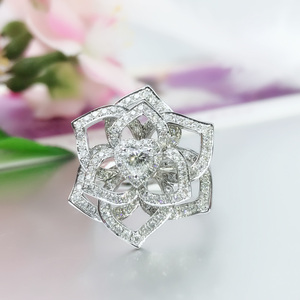 文欢珠宝 18k白金满钻玫瑰花钻石戒指 25分fg色心形结婚钻戒