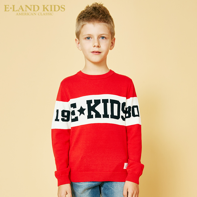 elandkids衣恋童装2019年春季新品男童撞色字母圆领套头针织衫