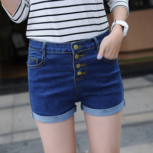 牛仔短裤女高腰夏秋季 显瘦修身宽松a字学生百搭韩版弹力排扣卷边