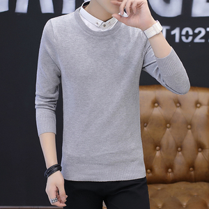简单纯灰色毛衣男衬衫领修身春秋男士带领针织衫圆领日系青年线衣