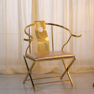 不锈钢太师椅简约后现代休闲餐椅金色复古椅子时尚奶牛真皮洽谈椅