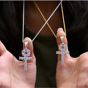 吴亦凡同款潮流复古闪钻安可十字架项链男女嘻哈饰品 ankh cros