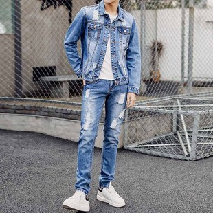 破洞牛仔套装男潮流韩版青年两件套衣服外套夹克全整成套一身夏季