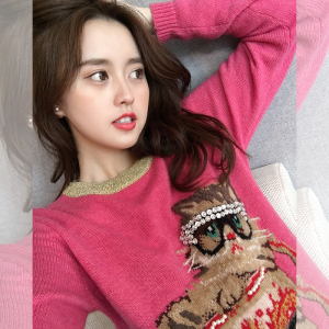 upraise 2018秋装新款女装宽松圆领可爱猫咪长袖针织衫毛衣a z127