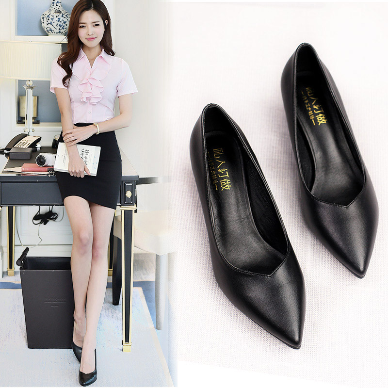 v口黑色粗细跟中高跟工作职业女单鞋面试上班白领正装小码皮鞋子