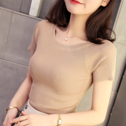 短袖女装修身冰丝针织衫上衣纯色低领打底衫女紧身短款薄毛衣春秋