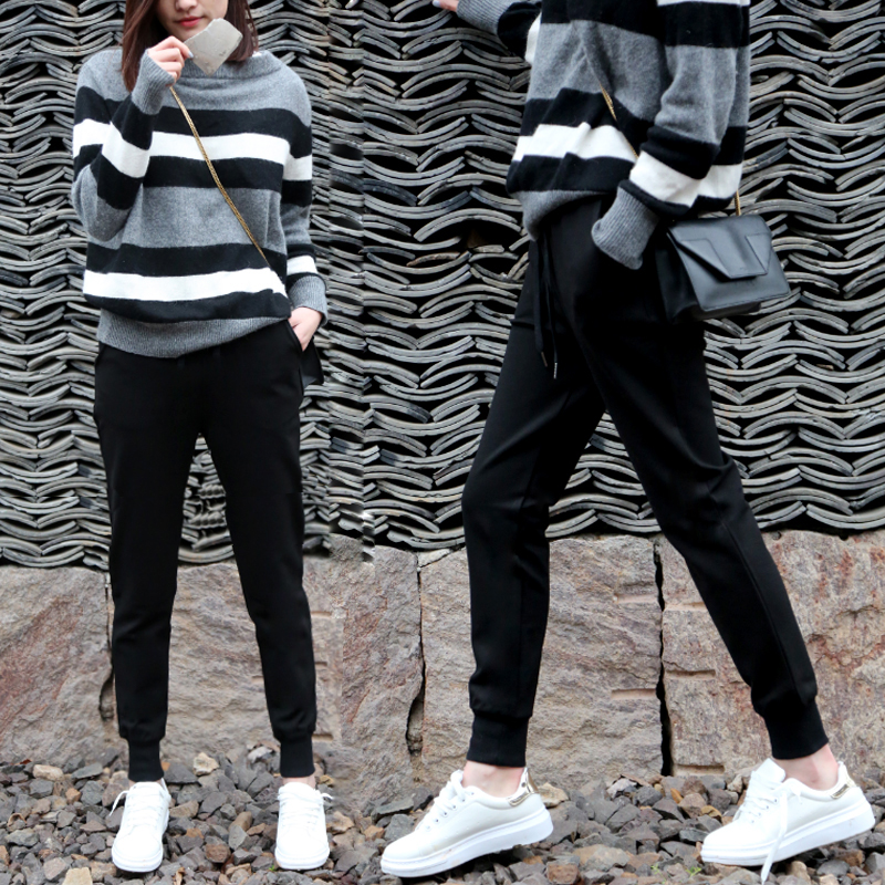 春秋冬季新款大码宽松休闲裤加绒卫裤显瘦运动裤女黑色小脚哈伦裤