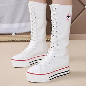 夏季女士纯黑白色厚底高帮帆布鞋过膝女式高筒长 span class=h>靴子 