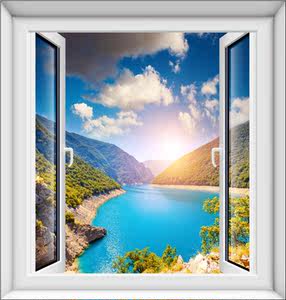 山水3d仿真立体假窗户墙贴纸客厅创意装饰墙贴画卧室风景墙面装饰