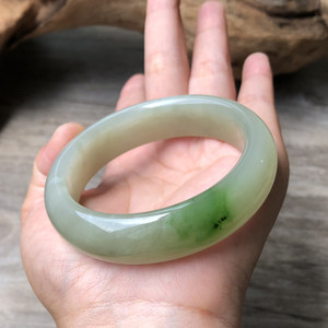 和田玉老坑青海翠青纯手工女手镯宽镯天然玉石