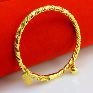 久不掉色黄金宝宝手镯脚镯子仿24k黄金男女小孩儿童镀金铃铛麻花