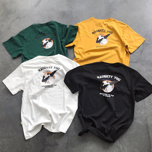 夏季日系嘻哈熊猫印花t恤青年男士圆领宽松短袖体恤潮白色衣服男