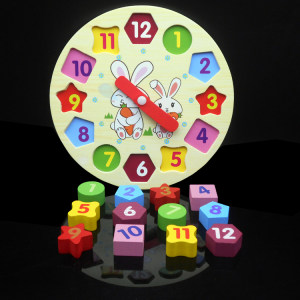 木制玩具彩色数字小形状时钟 span class=h>积木 /span> 兔子时钟幼儿