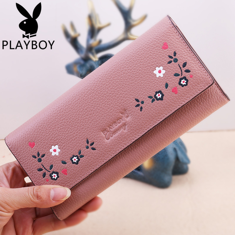 PLAYBOY/花花公子钱包女长款真皮女士钱夹头层牛皮三折女款皮夹