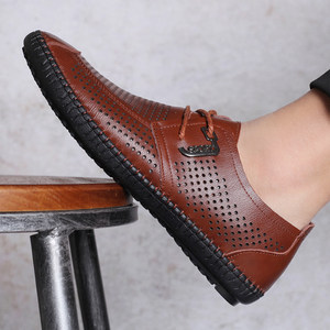 皮凉鞋男正品真皮休闲透气牛皮包头夏季男式凉鞋青年系带镂空皮鞋