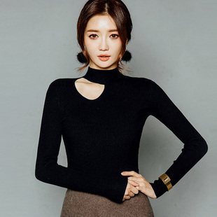 秋冬韩国性感镂空针织衫女上衣修身高领露肩毛衣气质打底t恤挂脖