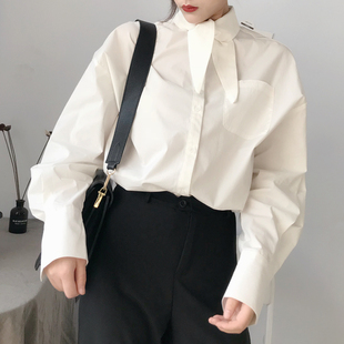 韩国东大门18春新款领口打结蝴蝶结衬衣女长袖宽松内搭白色棉衬衫