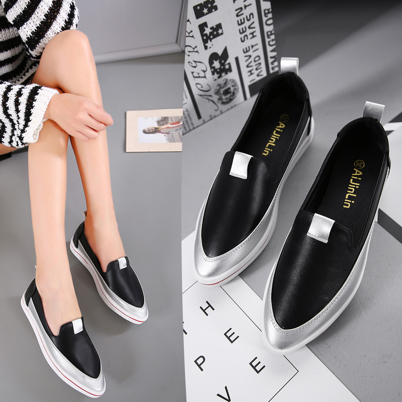 Nikmati Tebal Bawah Musim Gugur Sepatu Wanita Ujung Tajam Bertumit Rendah Sepatu Kasual Sepatu Wanita Lembut Kulit berkat Shoe Kecil Daftar Putih Sepatu Satu Kaki Deng Orang Malas Sepatu-Internasional