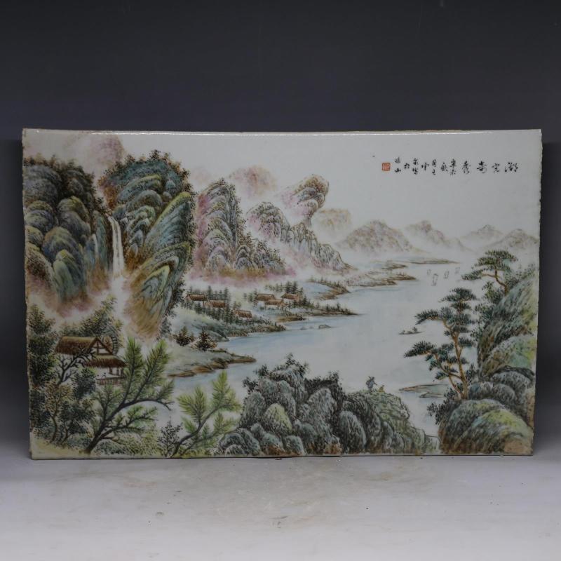 民国名家王云泉浅降彩山水瓷板画 古玩摆件 古董瓷器 全手绘收藏
