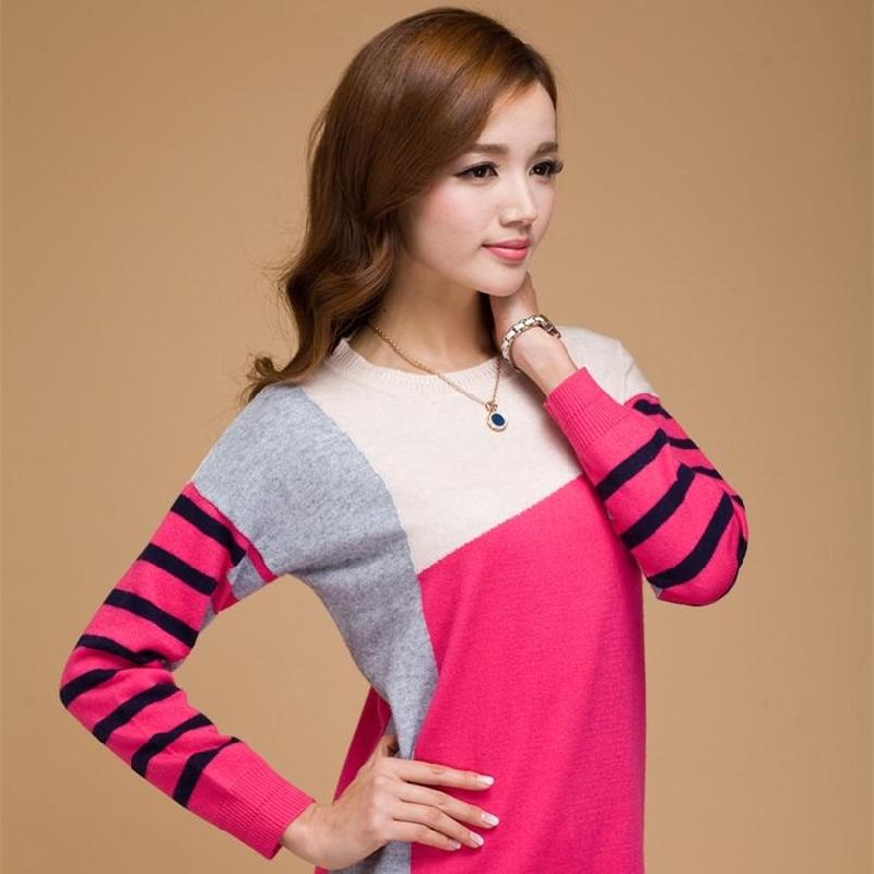 韩版春秋宽松羊绒衫撞色条纹针织衫三色打底衫中长款毛衣女包邮
