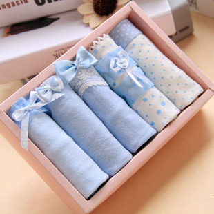 纯棉内裤女低腰粉蓝色少女蕾丝边莫代尔三角裤棉质面料5条礼盒装