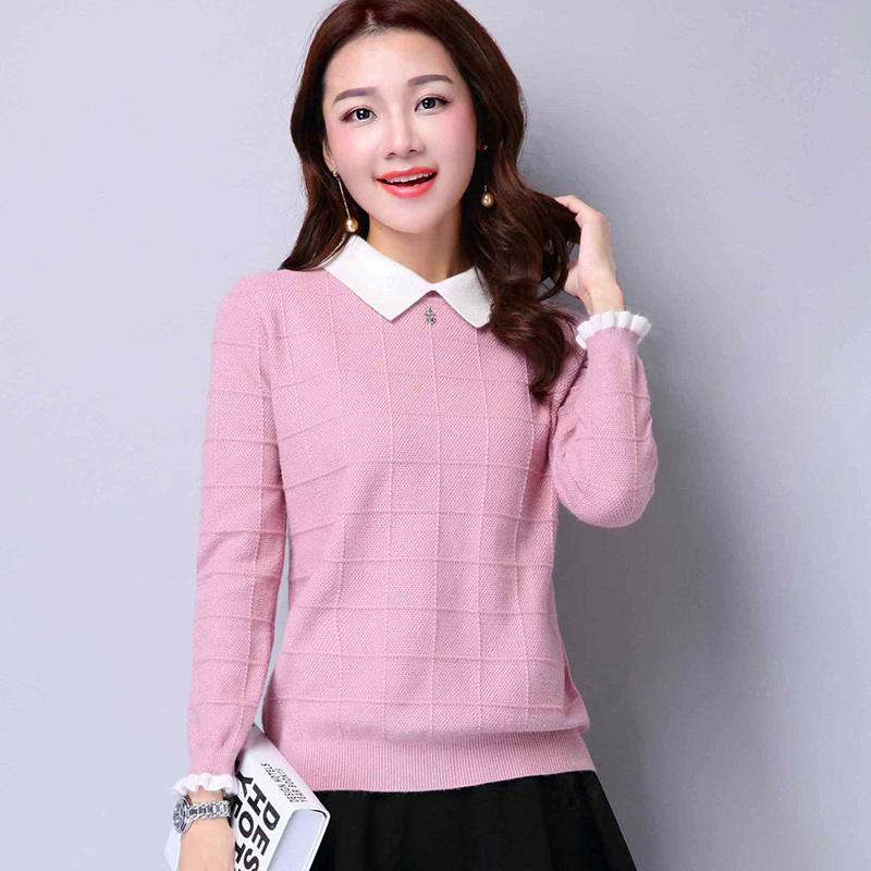 2015秋冬新款女式韩版羊绒衫方格套头纯色翻领短款针织打底衫毛衣