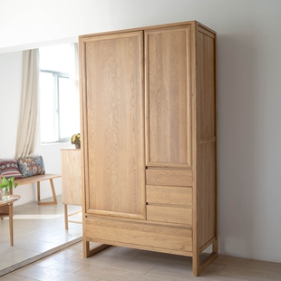 北欧橡木两门衣柜胡桃木色立式实木衣柜原木收纳柜无印良品储物柜