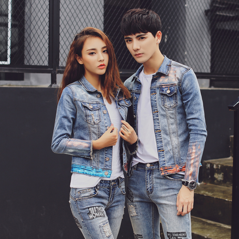 秋季情侣牛仔套装男修身弹力夹克男牛仔套装女潮流上衣情侣装包邮