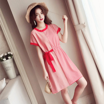 t恤裙女夏装2018新款韩版宽松慵懒风裙子短袖休闲条纹针织连衣裙