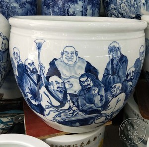 景德镇陶瓷鱼缸大号名家手绘青花人物十八罗汉特大金鱼缸花盆摆设