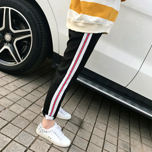 2017夏季新款女士裤子黑白竖条纹韩版宽松九