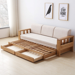 沙发床客厅三人实木户型拆洗多功能简约现代收纳储物推拉两用橡木