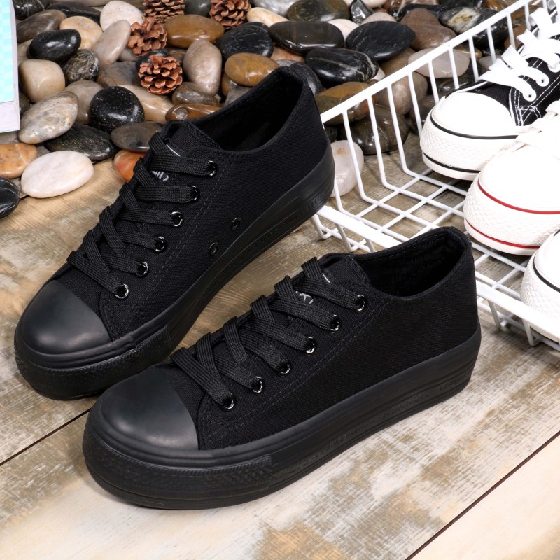 环球2017春季帆布鞋女 百搭学生松糕跟厚底低帮鞋子 全黑色运动鞋