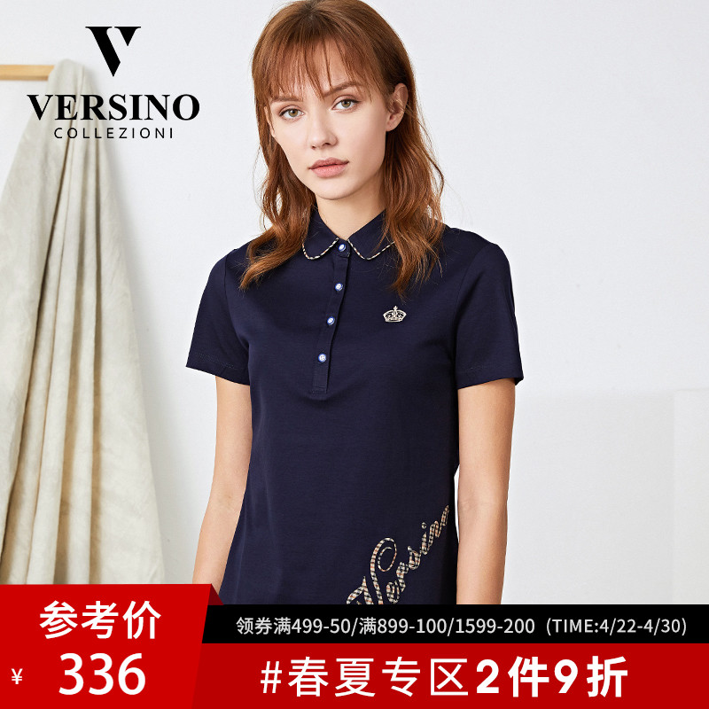 versino/梵思诺2019新款女装夏装短袖T恤翻领刺绣修身时尚POLO衫