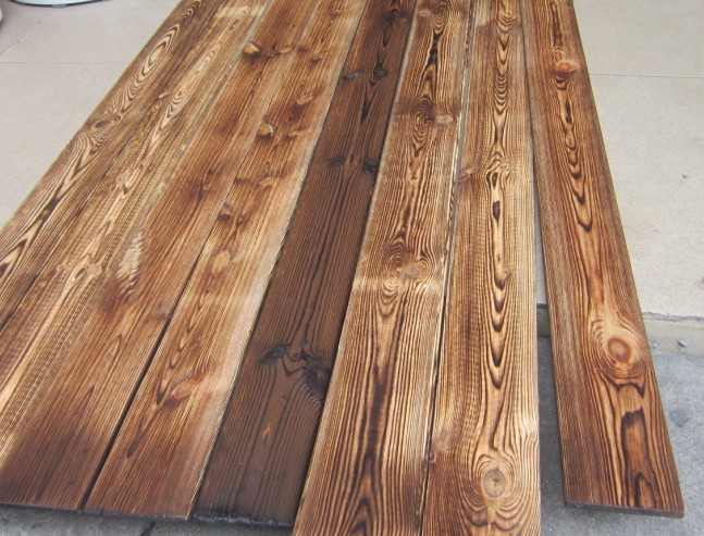 8*88樟子松火烧表面碳化木仿古碳烧木户外防腐木地板护墙板木板材