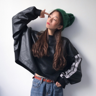 皮卫衣女pu皮套头社会衣服快手女生红人潮流个性霸气女装学生时尚