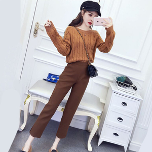 三彩白时尚套装女两件套冬季气质套头长袖毛衣 高腰显瘦毛呢九分